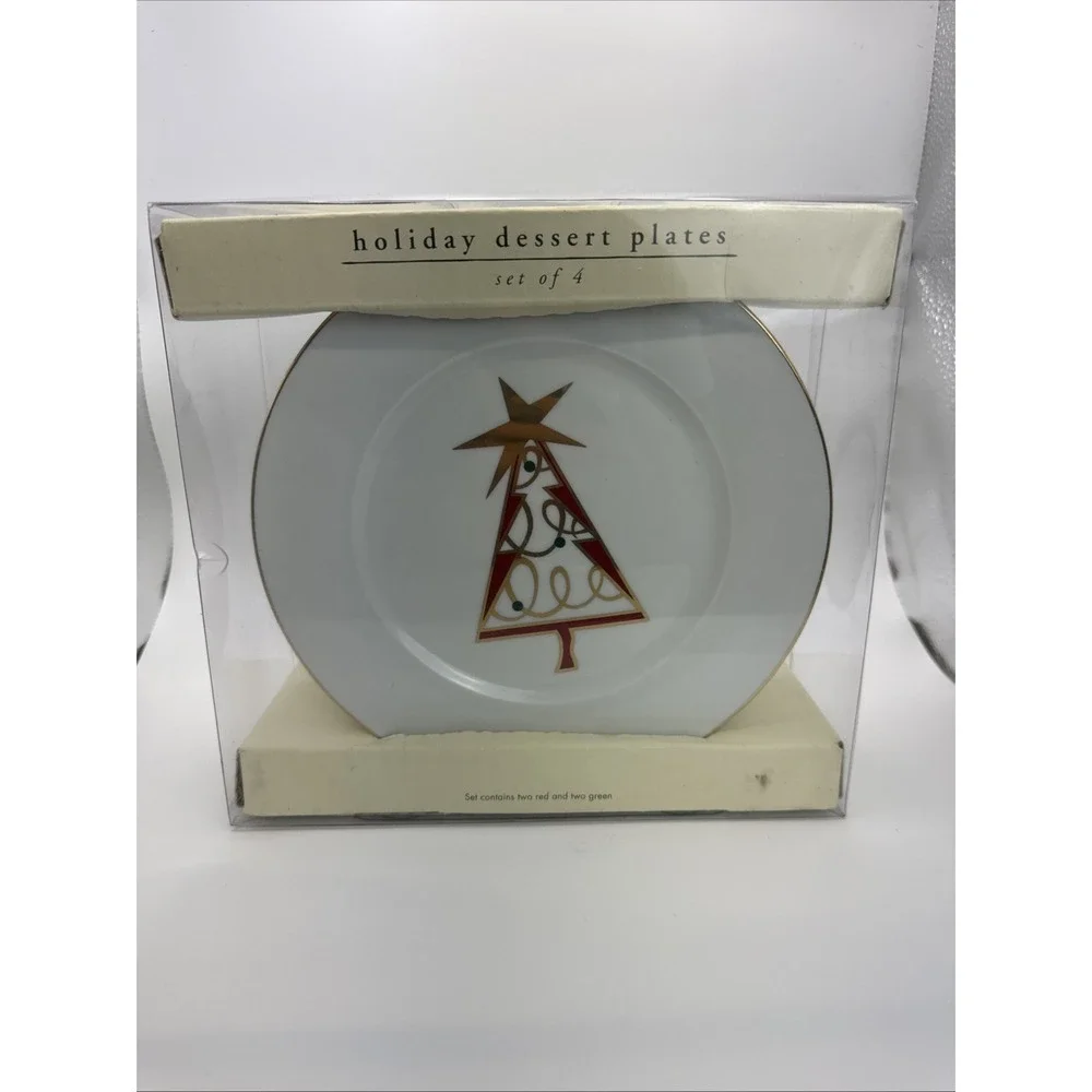 Pier 1 Christmas Tree Salad Dessert Plates‎ Red Green Gold Trim 7.5